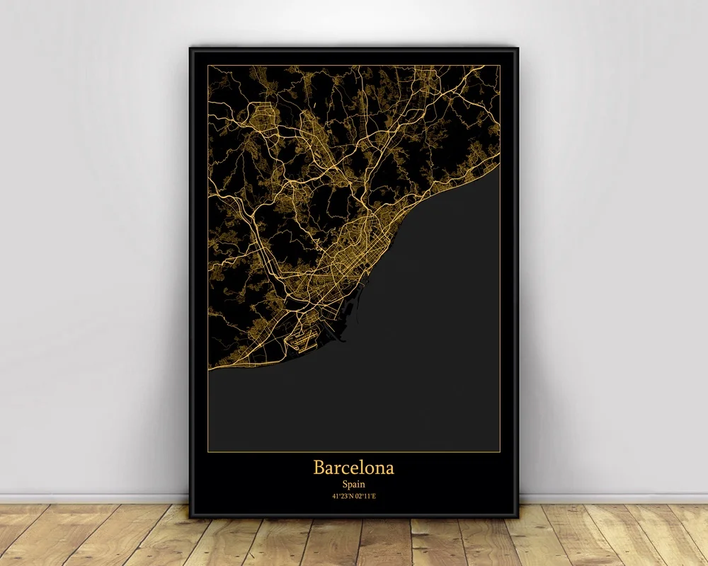 

Barcelona Spain Black&Gold City Light Maps Custom World City Map Posters Canvas Prints Nordic Style Wall Art Home Decor