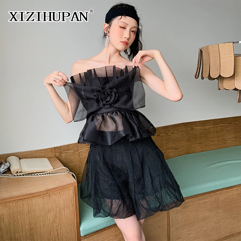 

XIZIHUPAN черный прозрачный комплект из двух предметов, Женский Топ без рукавов с вырезом лодочкой и цветочным принтом, свободная короткая юбка ...
