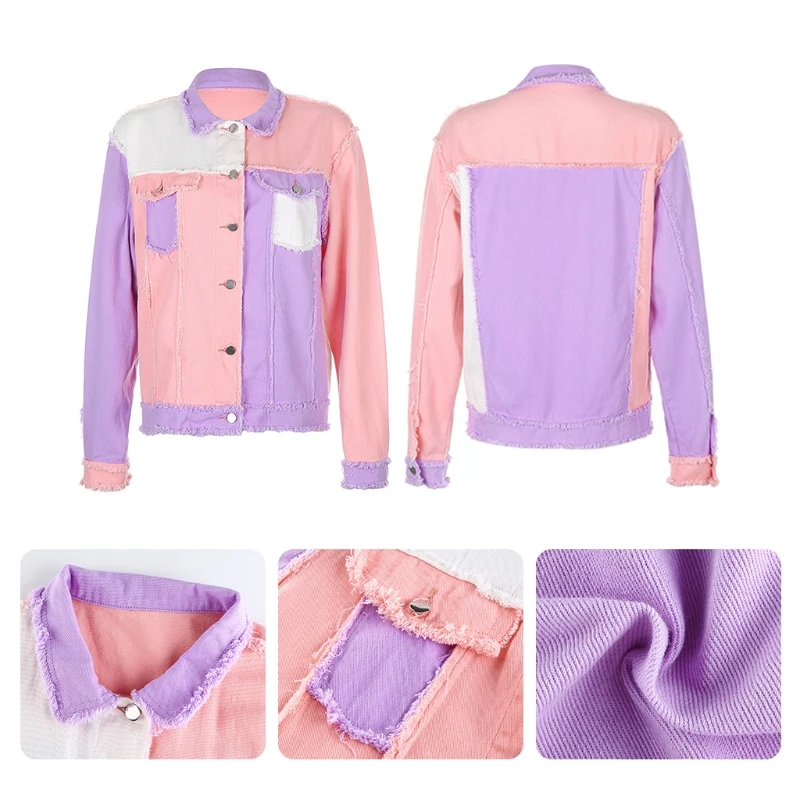 

Women Long Sleeve Bomber Denim Jacket Lapel Collar Color Block Coat Button Up Distressed Tassels Outwear with Pockets