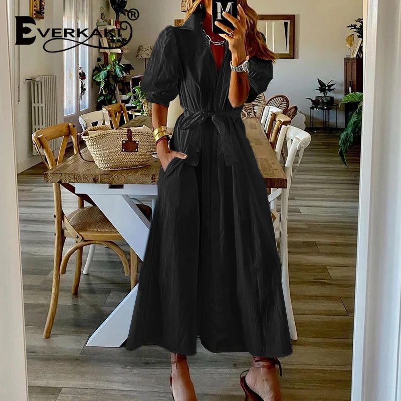 

Everkaki Boho Long Dresses Women with Belt Pockets Summer Beach Bohemian Elegant Maxi Dress Plus Size Shirt Dress Female 2021