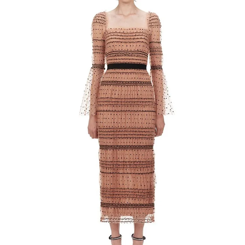 

Женское Сетчатое платье-Автопортрет в горошек, модельное длинное платье с расклешенным рукавом и квадратным вырезом, элегантное праздвече...