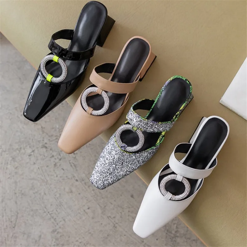 Мюли PXELENA женские со стразами Дизайнерские летние тапочки из натуральной кожи на