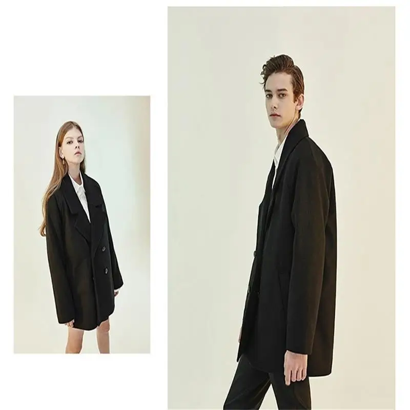 Мужское черное пальто Простое Шерстяное Пальто двубортное для отдыха осени и