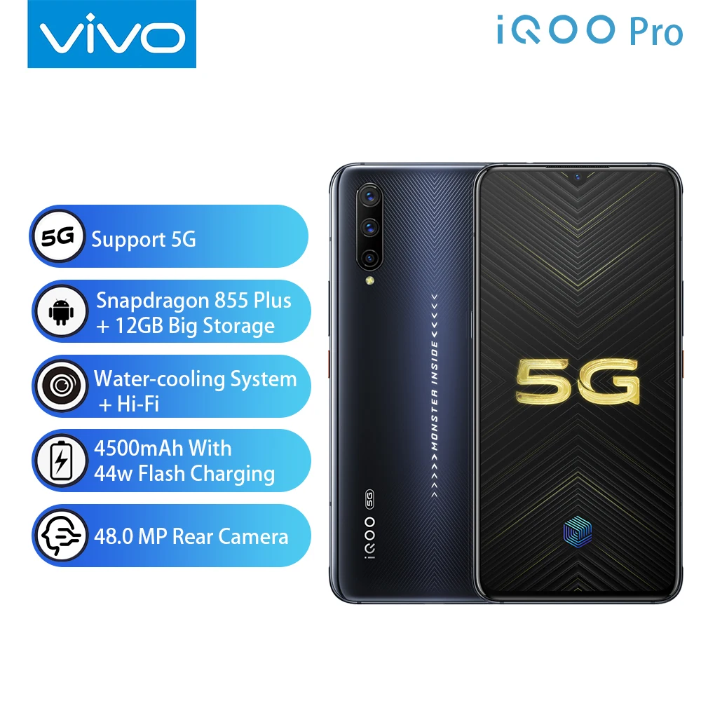 vivo iQOO Pro 5G мобильный телефон Snapdragon855 Plus 4500mAh 44W 6,4" экран 48MP камера 12GB 128GB мобильный телефон