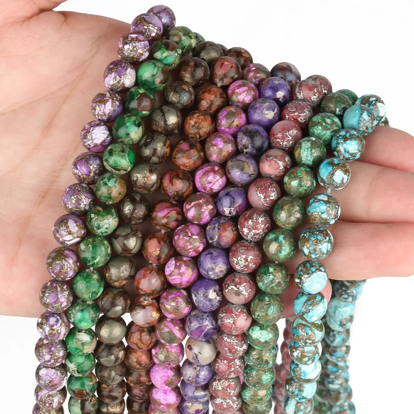 

8mm Natural Stone Colorful Sea Sediment Jaspers Beads Flat Round Loose Beads For Jewelry Making DIY Bracelet Accessories15''