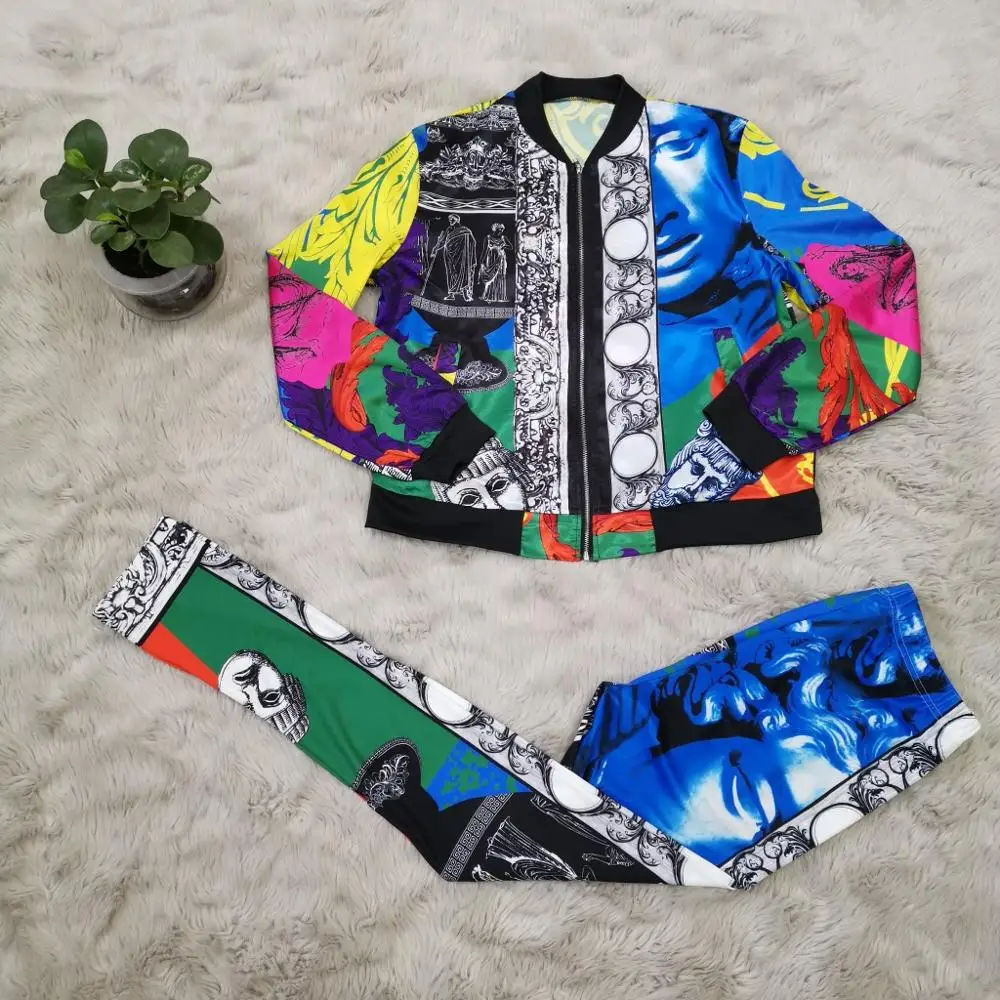 Yooneedi 2019 Novelty Fashion Design 2pcs Women Set Color Print O-neck Zip Full Sleeve Tops Long Pants Tracksuits YC1952 | Женская