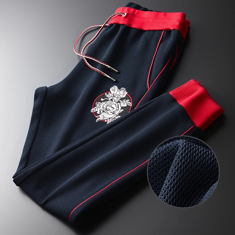 Minglu мужские брюки Роскошные розы Вышивка ребра контрастный цвет Slim Fit размера
