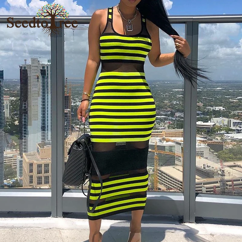 

Облегающее платье в полоску без рукавов с толстым ремешком, женское сексуальное Сетчатое лоскутное платье до середины икры