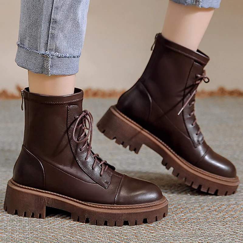 

Round Head Square Heel Women Casual Boots 2021 Autumn New Fashion Platfrom Lace-up Back Zipper Women Chelsea Motorcycle Boots