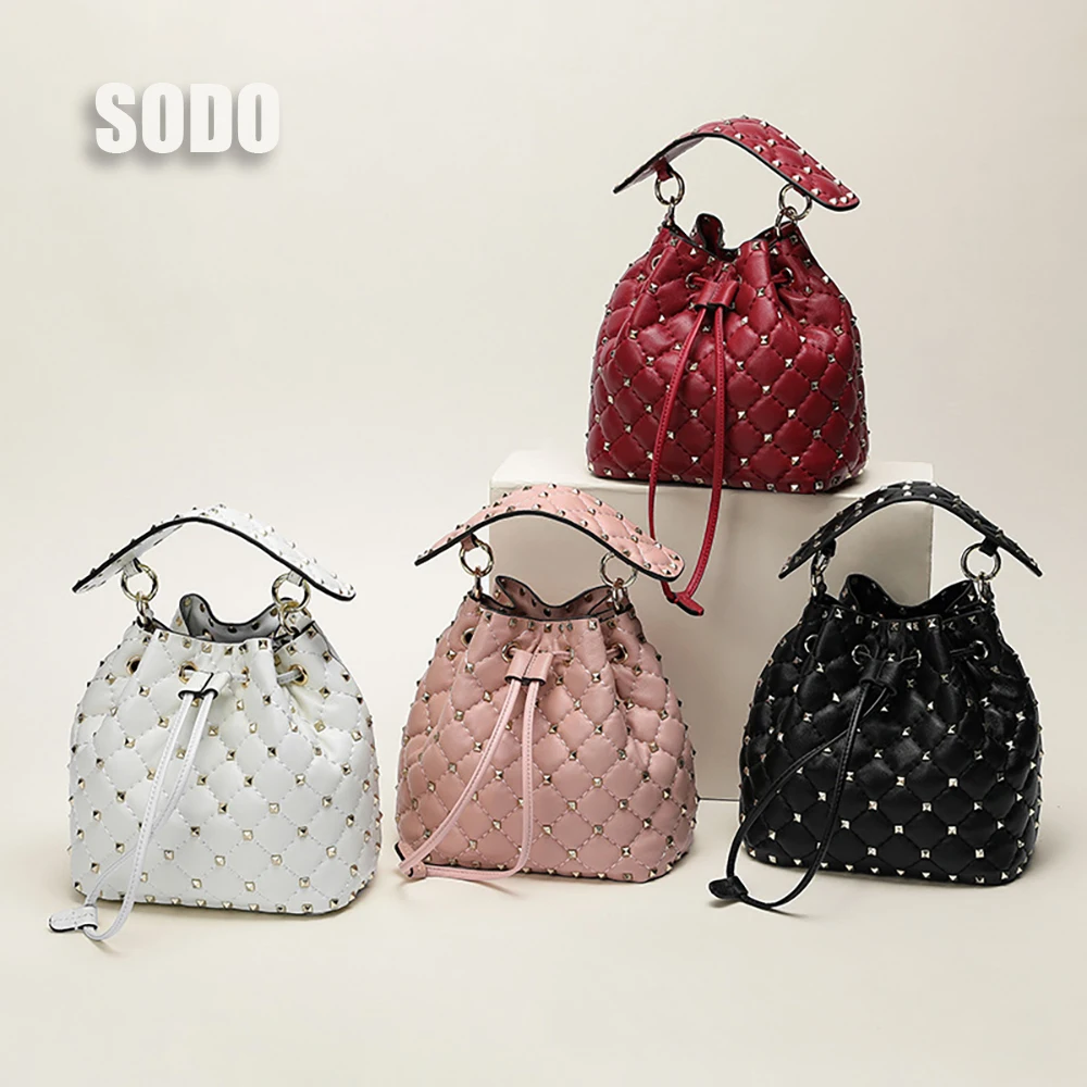 

Leather Bucket Women's Bag Rivet Rhombic Lattice Chain Drawcord Hand-held Single Shoulder Messenger Small Sheepskin Chain Bag