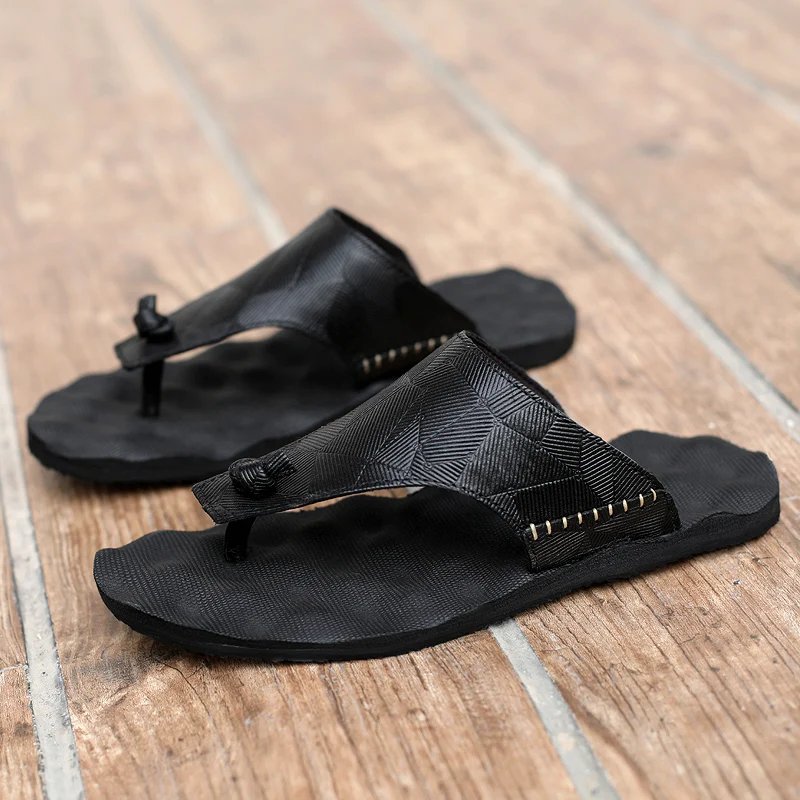 

2021 New Genuine Leather Mens Slippers Comfortable Flip Flops Summer Men Shoes Breathable Flats Big Size 46 Pantuflas Hombre
