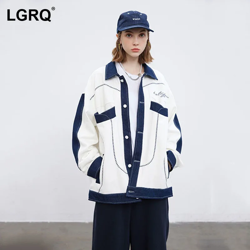 

[LGRQ] Letter Striped Design Casual Jackets New Lapel Long Sleeve Loose Women's Coat Fashion Tide Spring Autumn 2021 19D3967