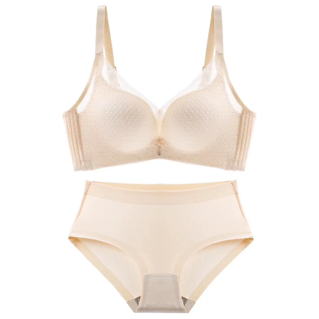

2021 Thin Cup Seamless Lace Bra Set Gathering Nipple No Steel Ring Adjustable Girl Plus Size Underwear Set Bra Lingerie Femme