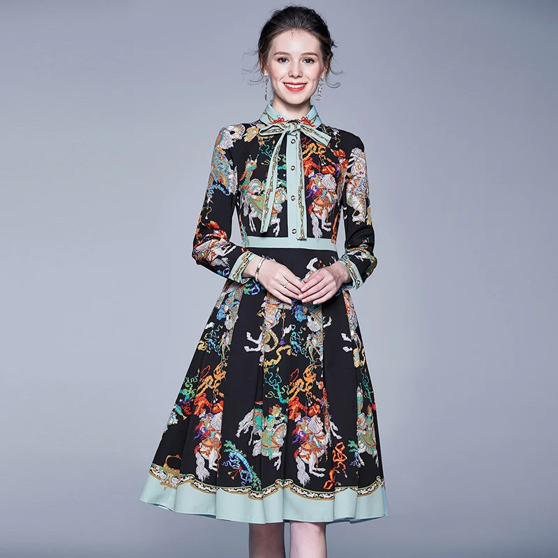

2019 Spring Summer Elegant Half Sleeve Dress Women Pleated Print Runway Long Dress Fashions Button Diamonds Vintage Midi Dress