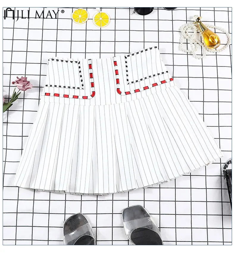 

JLI MAY Striped Embroidery Pleated Skirts Autumn High Waist Color Collision Women Mini Skirt Preppy Style Casual Clothes