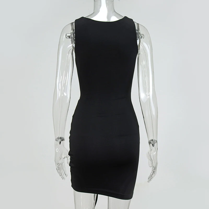 

Black Bodycon Dress Women 2 Layers Ruched Drawstring Mini Dresses Ladies Sleeveless Solid Color Robe Sexy Club Outfits