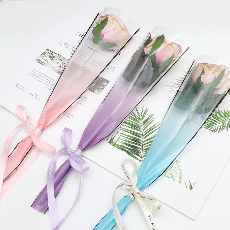 

50pcs Single Bouquet Gradient gift bags Transparent Waterproof Multi-bag Flower Bag gift Floral Packaging Material Mini Pakcage