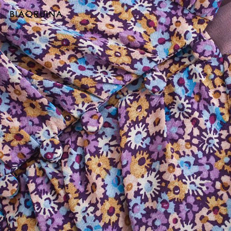 

BIAORUINA Women's Floral Print Purple Sweet Dress Shoulder Pads Female High Waist V-neck Elegant Dress Vestido Half Sleeve