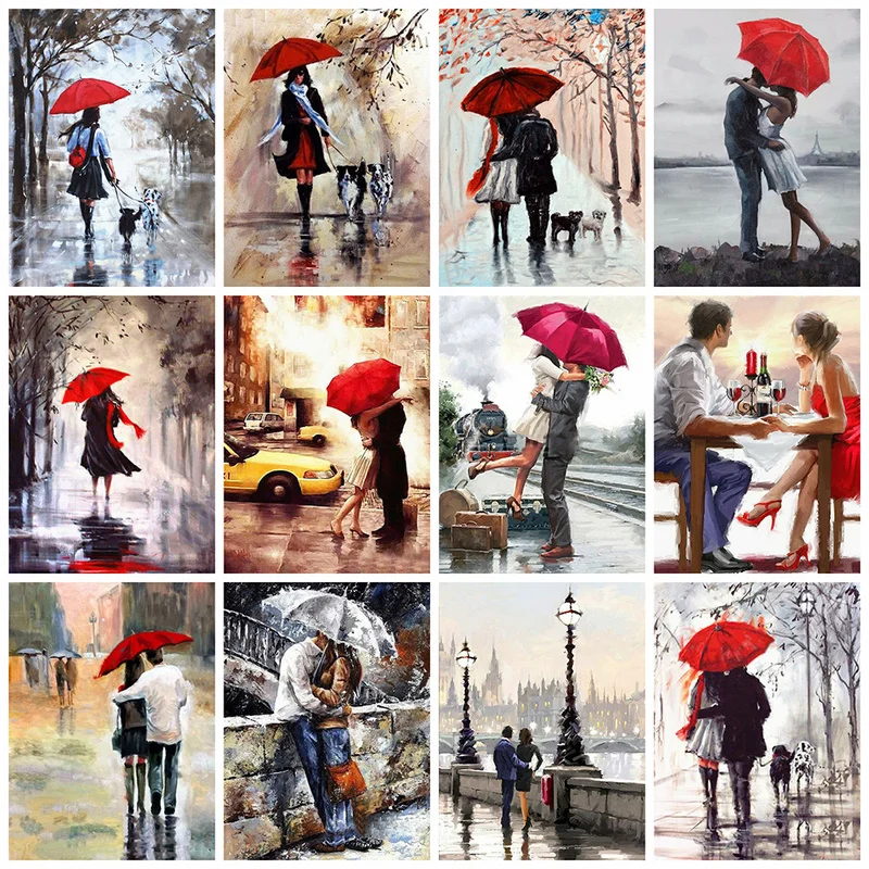 

Nordic Romantic City Couple Oil on Red Canvas Painting Landscape Poster and Prints Wall Art Pictures for Living Room Home Decor