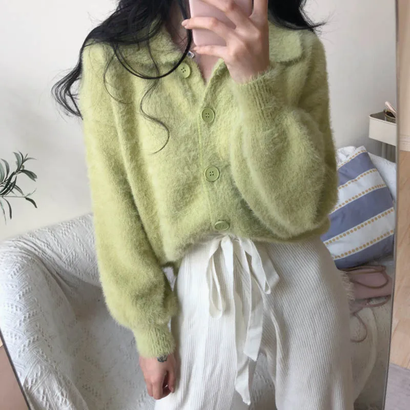 

Mink Cashmere Knitted Sweater Women Korean Turn Down Collar Cardigans Autumn Winter Warm Jumpers Hairy Long Sleeve Vintage X668