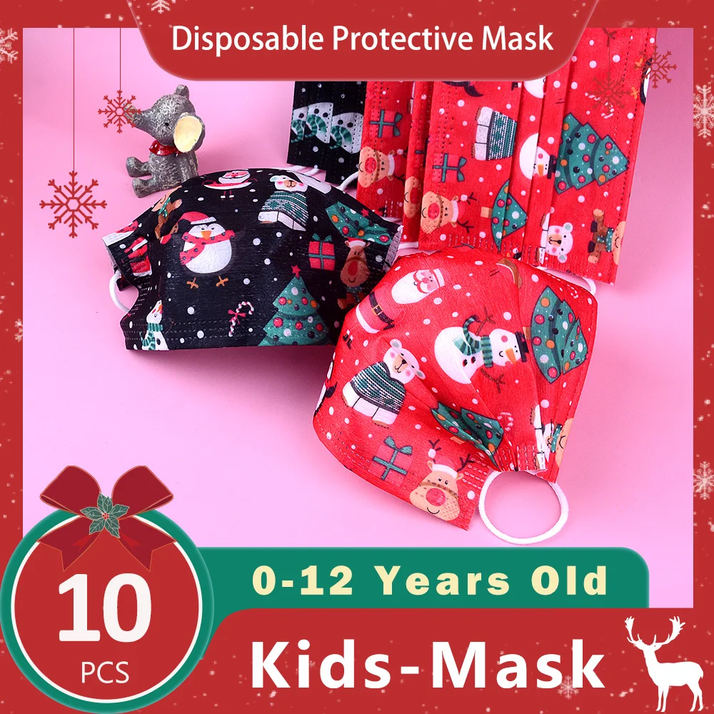 

10pc Merry Christmas Children Mask Disposable Elk Santa Claus Print Kids Mondmasker Facemask Mascarilla Halloween Cosplay Masque