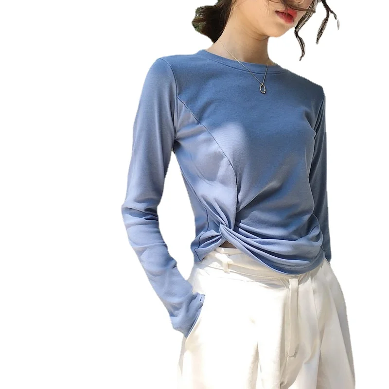 

Spring and autumn Korean loose solid color knotted long sleeve T-shirt women's short top women sexy tops