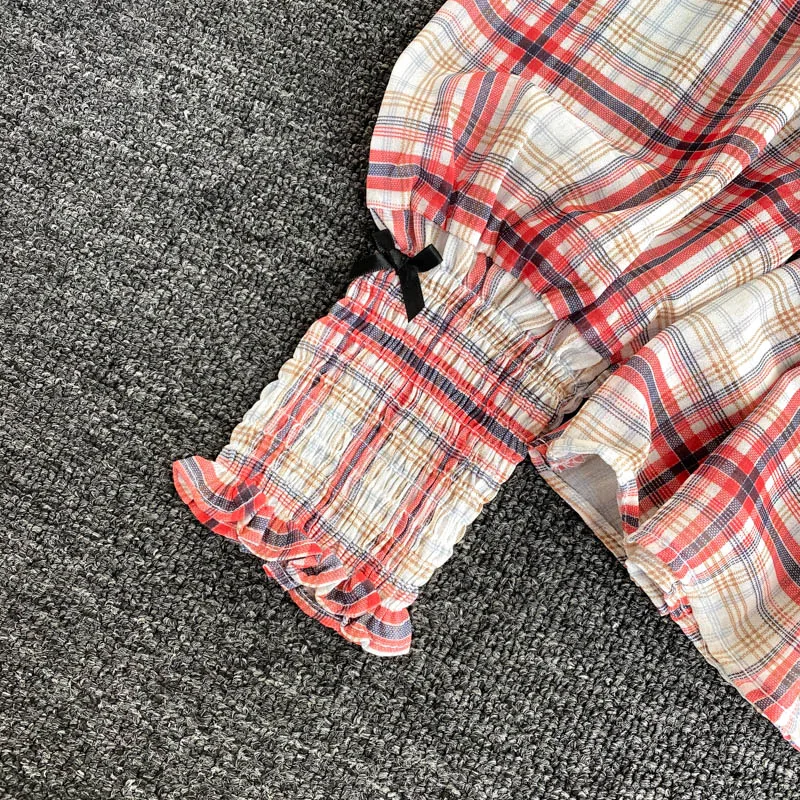 Женские топы с пышными рукавами новинка 2020 Женская клетчатая блузка эластичным