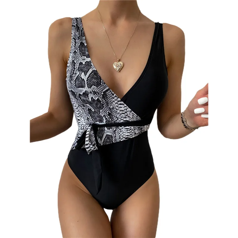Sexy Women Snake Skin Printed Monokini Bodysuit Bikinis Swimming Bathing Swimsuit Color Patchwork Padded Bandage Beach Swimwear |