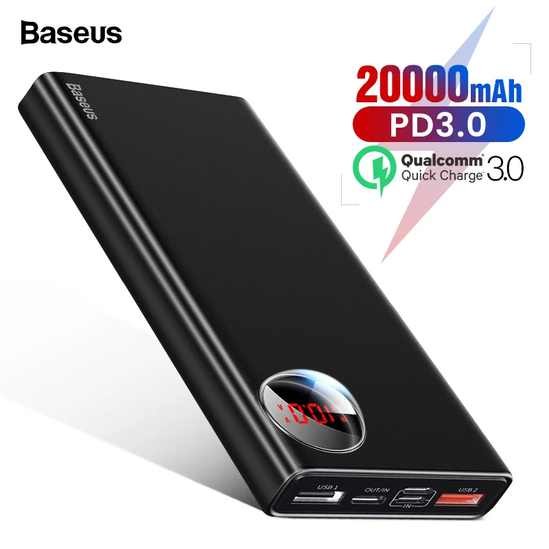 Baseus, 20000 мА/ч, внешний аккумулятор, USB C, PD, быстрая зарядка, 3,0, 20000, повербанк для Xiaomi Mi, 9, портативное Внешнее зарядное устройство, внешний аккумулятор