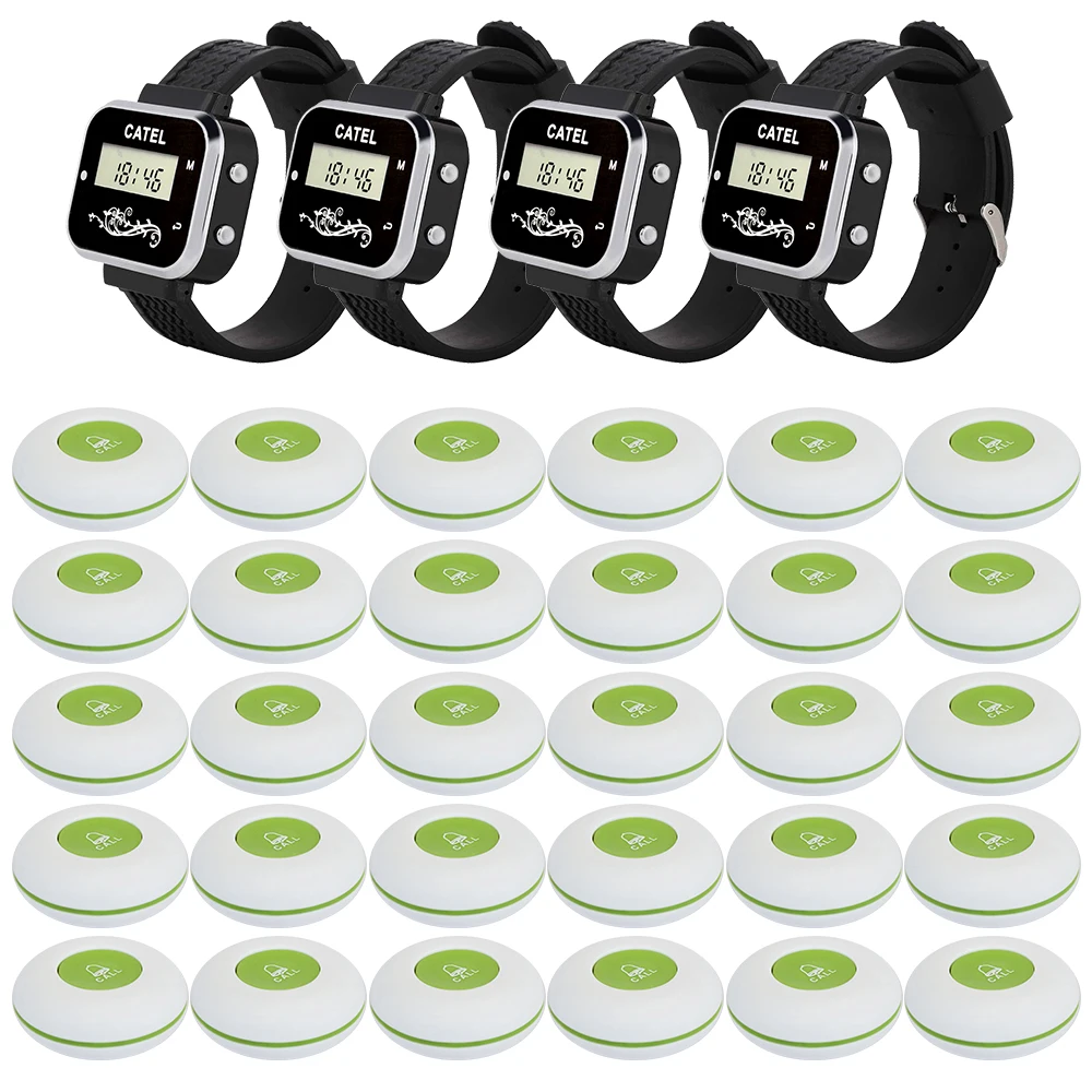 CATEL Waterproof Wireless Calling System 30 Call Button Transmitter 4 Watch Pager Restaurant Waiter Service Bell Buzzer