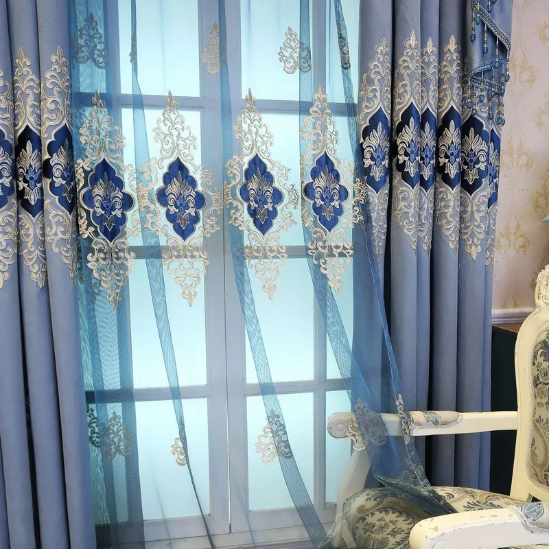 Роскошные занавески с вышивкой для гостиной бежевые прозрачные тканевые синие