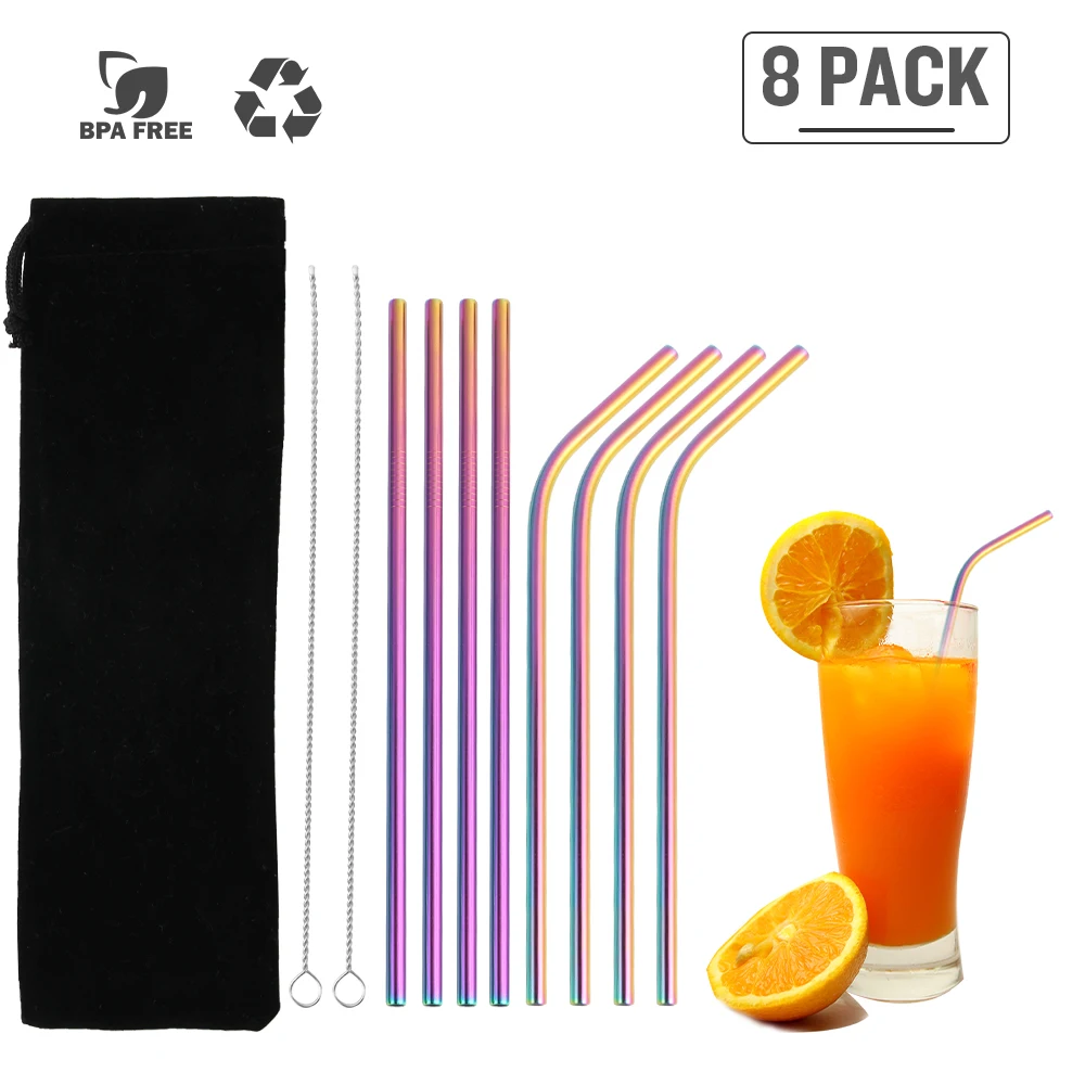8Pcs-Rainbow Эко-дружественных соломинкой многоразовые Нержавеющая сталь металлическая соломинка Управление по санитарному надзору за качеством пищевых продуктов и медикаментов-одобренный Bpa с щеточка для чистки Портативный мешок 3/8/14 шт - Цвет: 8Pcs-Rainbow