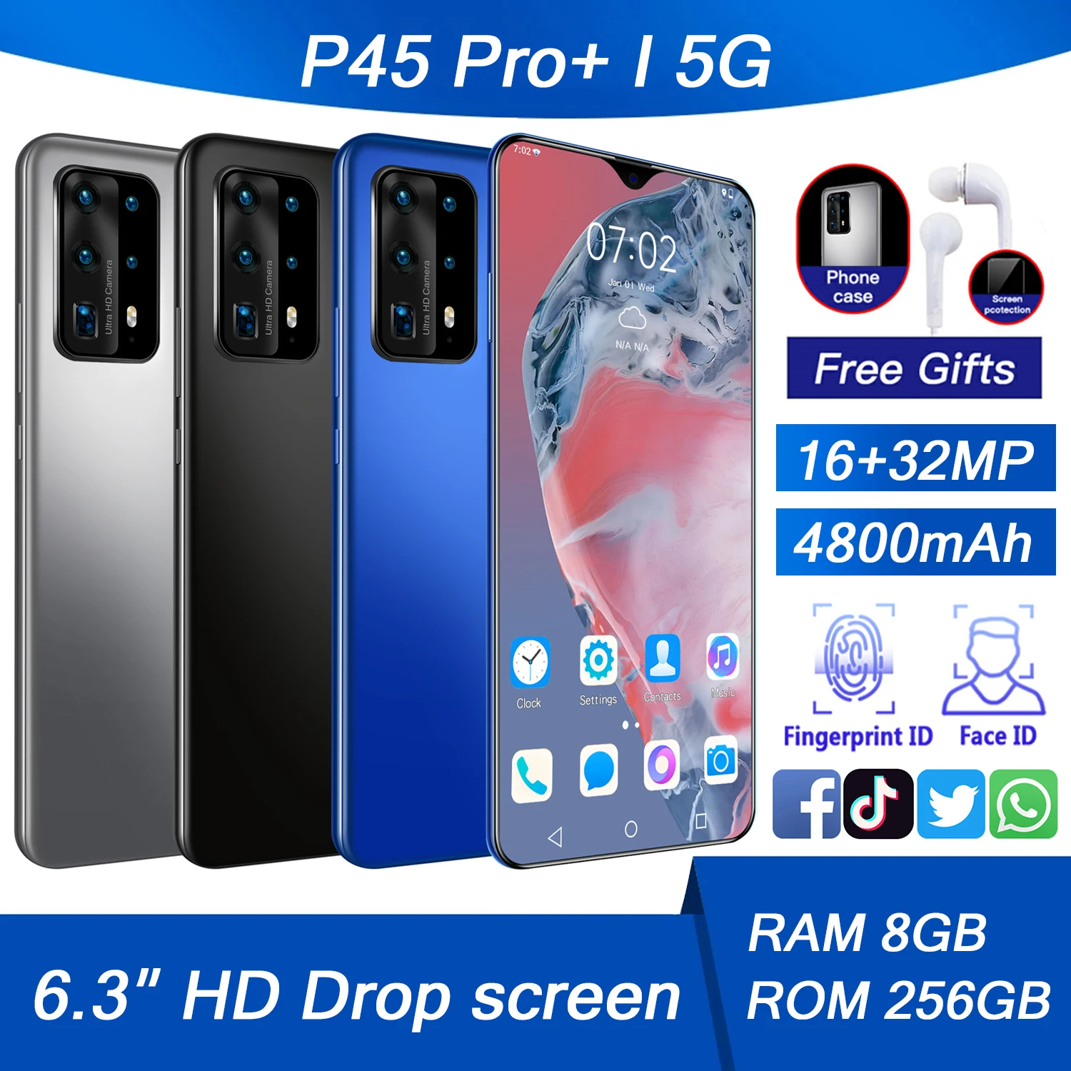 

New Model P45 Pro Global Version 6.3 Inch Full Screen 8GB 256GB 4800mAh Battery 16MP 32MP Camera Face ID 5G Android10 Smartphone