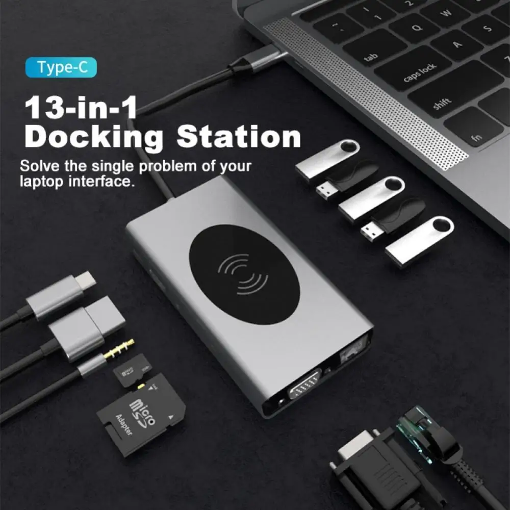 

Type-C to HDMI-compatible VGA PD 3.5mm Audio Jack RJ45 Hub Wireless Charging Dock Adapter