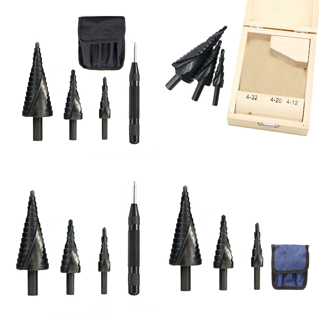 

3 Pieces Black Titanium-Coated Nitrided Spiral Groove Step Drill Bit Set for Perforated Metal Iron Aluminum Brass