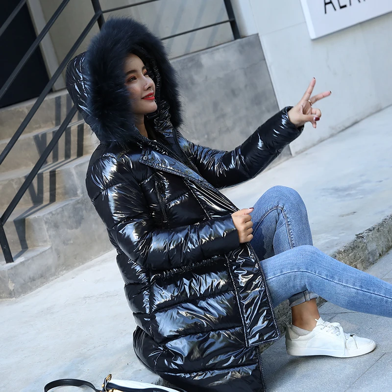 2019 зимнее Новое блестящее пальто женское приталенное длинное пуховое толстая