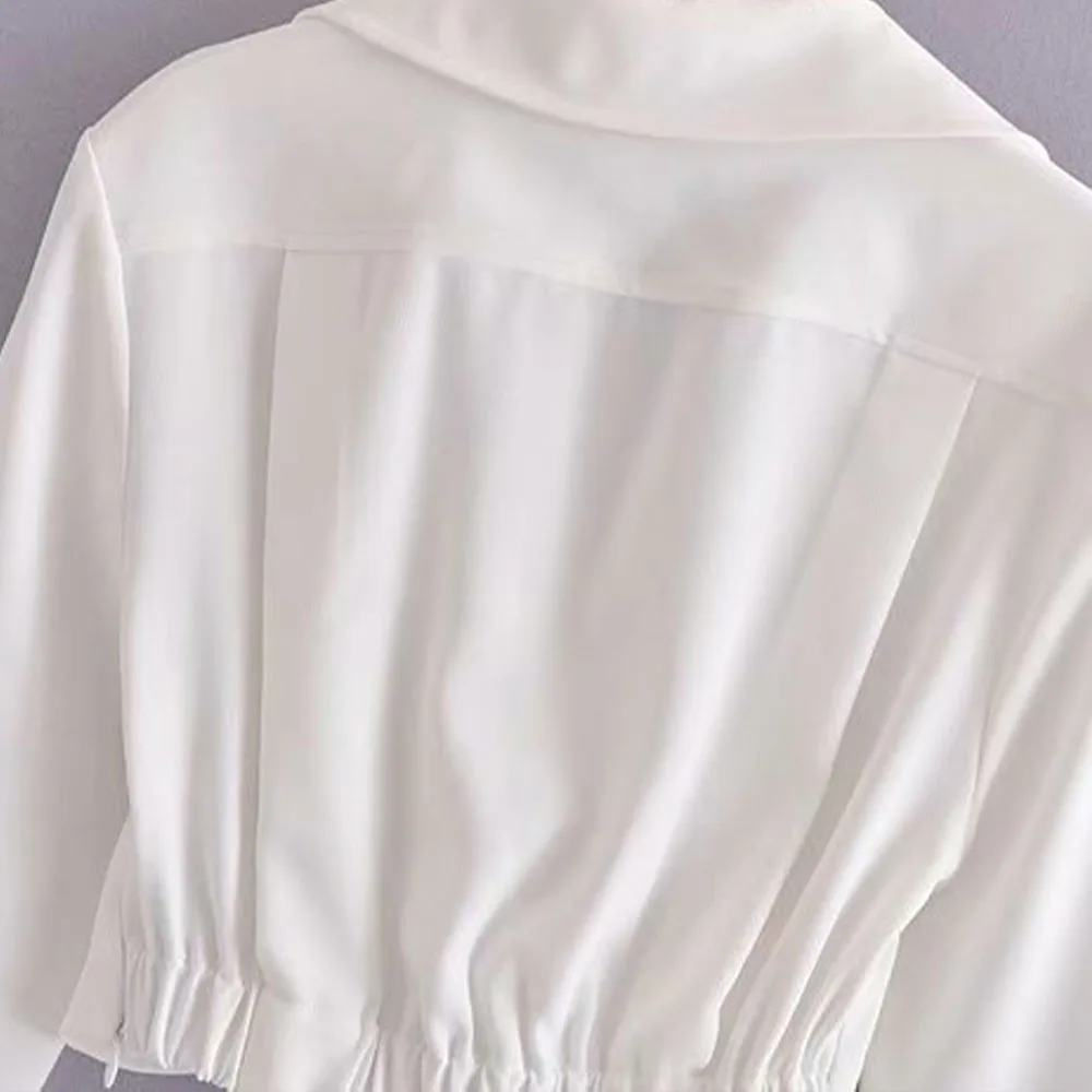 

ZA2021 summer new style Hong Kong style retro design sense V-neck cross mercerized white short long-sleeved shirt blouse