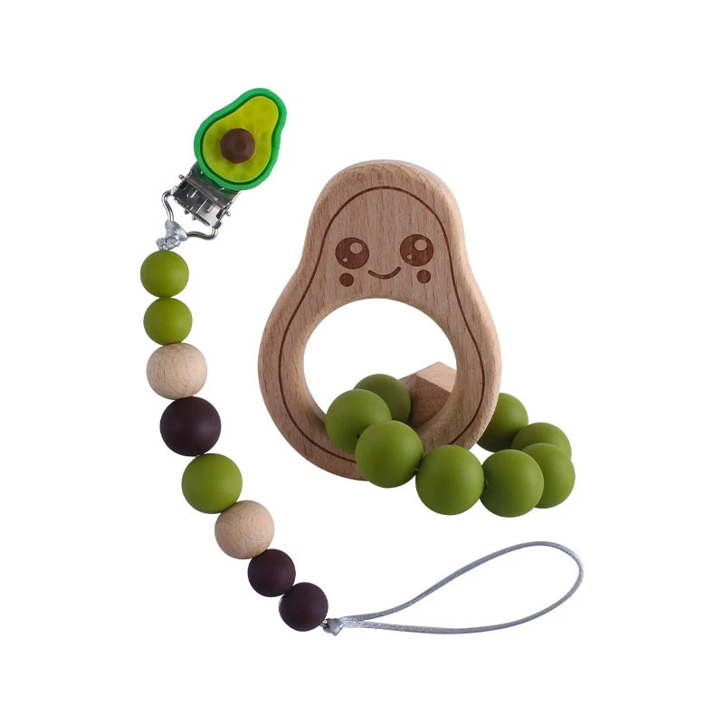 

Wooden Teether Baby Bracelet Avocado Dummy Pacifier Chain Clip BPA Free Green Teething Beads Newborn Stroller Educational Toys