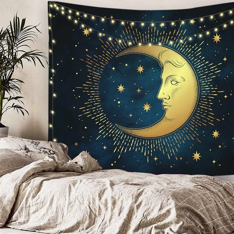 

Moon Tapestry Star Wall Psychedelic Aesthetic Celestial Dark Blue Zodiac Wall Tapestry for Room Decor - 130x150cm