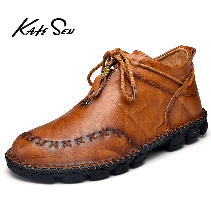 KATESE/мужские кожаные сапоги ручная работа зимние высокие теплые плюшевые на