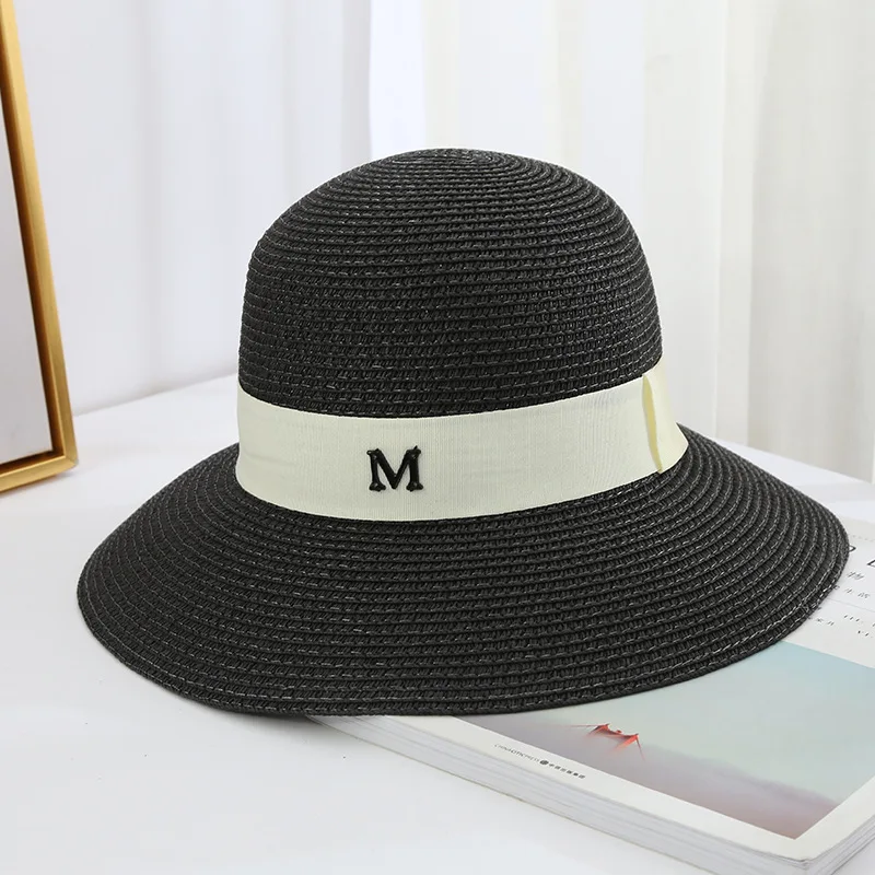 

Fashion Letter M Straw Hat Wide Brim Sunbonnet Women's Summer Travel Sun Protection Straw Beach Hat For Women