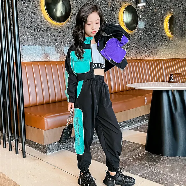 Teenage Girls Fashion Patchwork Color Clothes Streetwear Tracksuit Jacket+Pants 2pcs Reflective Outfits Kids 8 9 10 11 12 13 14Y 1