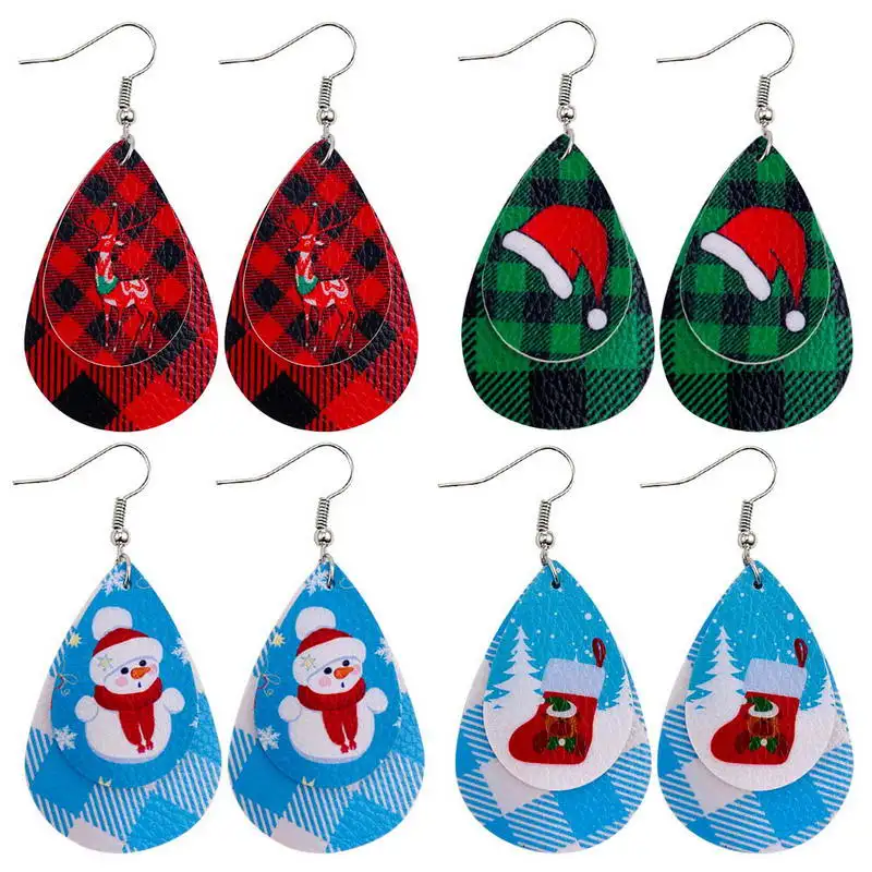 

E7699 ZWPON Layered Leather Teardrop Christmas Earrings for Women Blue Buffalo Plaid Earrings Jewelry Christmas Gifts Wholesale