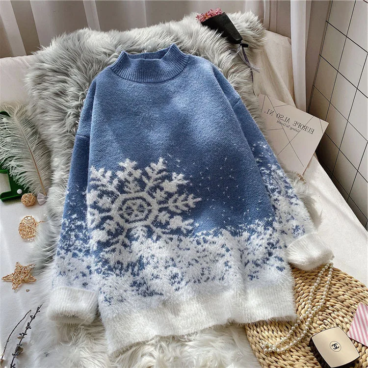 

2020 New Half High Neck Christmas Sweater Women's Pullover Autumn Winter Oversized Lazy Wind Thick Knit Sweater Tops Fashion