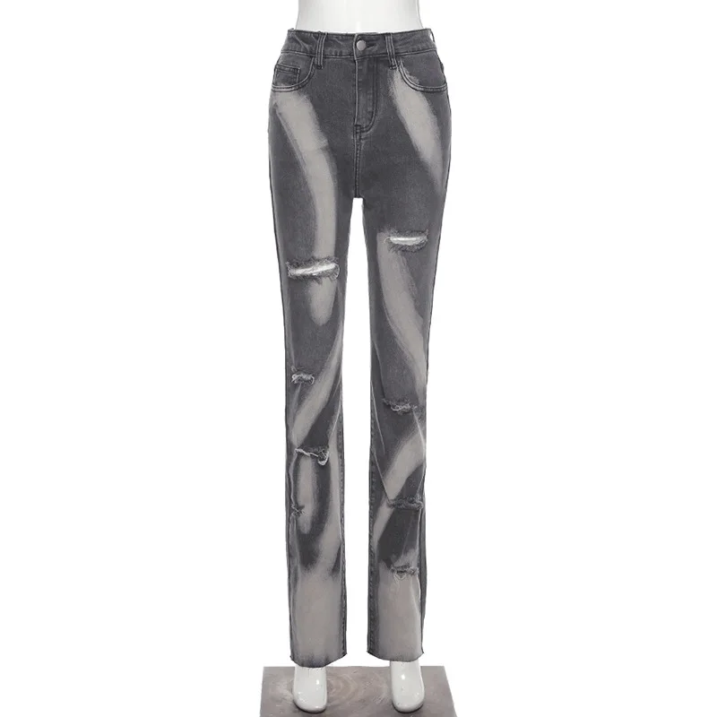 

2021 New Arrival Summer Style Female Fashion Sexy Summer Ripped Hole Print High Waist Hot Night Club Denim Stright Pants