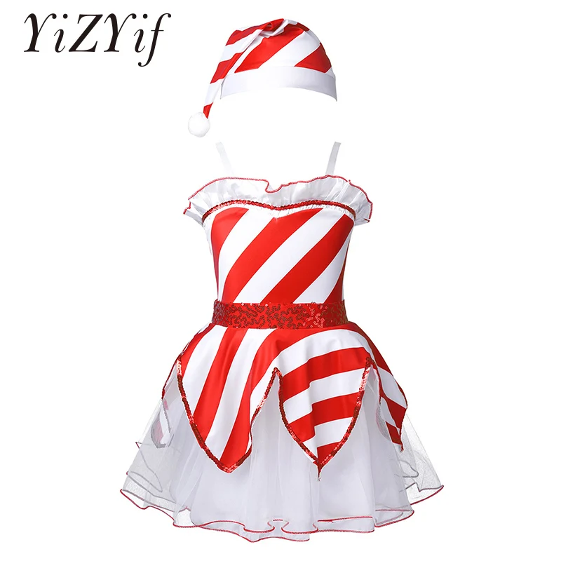 

Kids Girls Christmas Costume Rave Outfit Sleeveless Sequin Dance Costume Striped Mesh Ballet Tutu Dress with Hat Jazz Dancewear