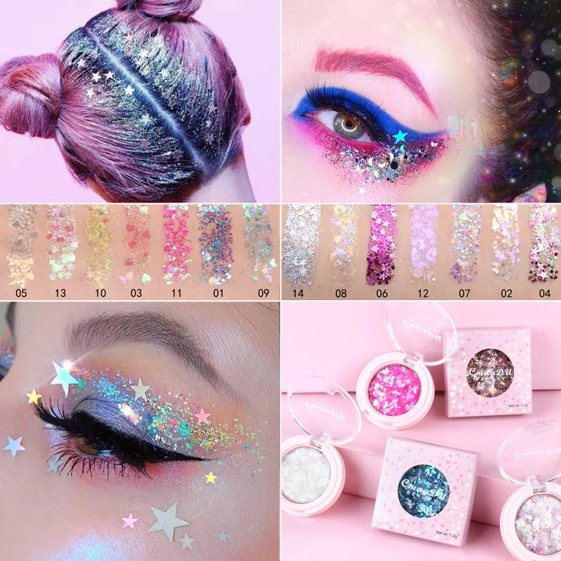

14 Colors Face Eye Highlight Powder Eyeshadow Palette Shining Sequins Pentagram Moon Diamond Fragment Eye Shadow Makeup Cosmetic
