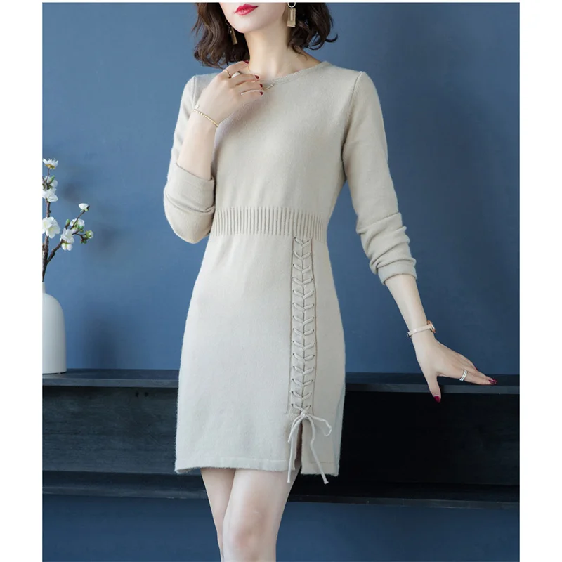 

2021One Size Loose Mini Knitted Dress Women New Autumn Winter White Beige Yellow Fashion Temperament Pullover A-Line Dress GH655