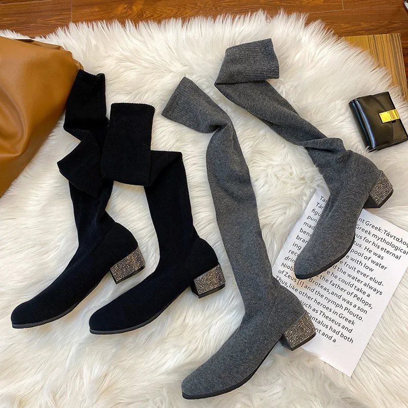 

Crystal Sock Boots Low Heels Women's 2020 Winter Spring Shoes Sexy Party Over The Knee Boots Female Party Fashion Casual Shoes