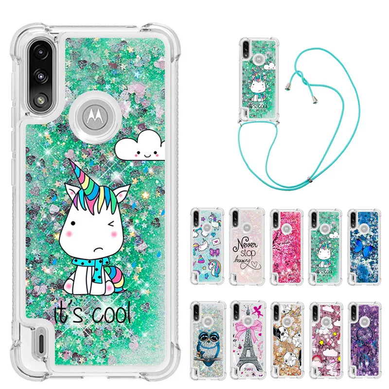 

Strap Lanyard Cartoon Phone Case For Motorola Moto E7 Power Edge S G30 G10 Cases TPU Soft Glitter Liquid Quicksand Back Cover